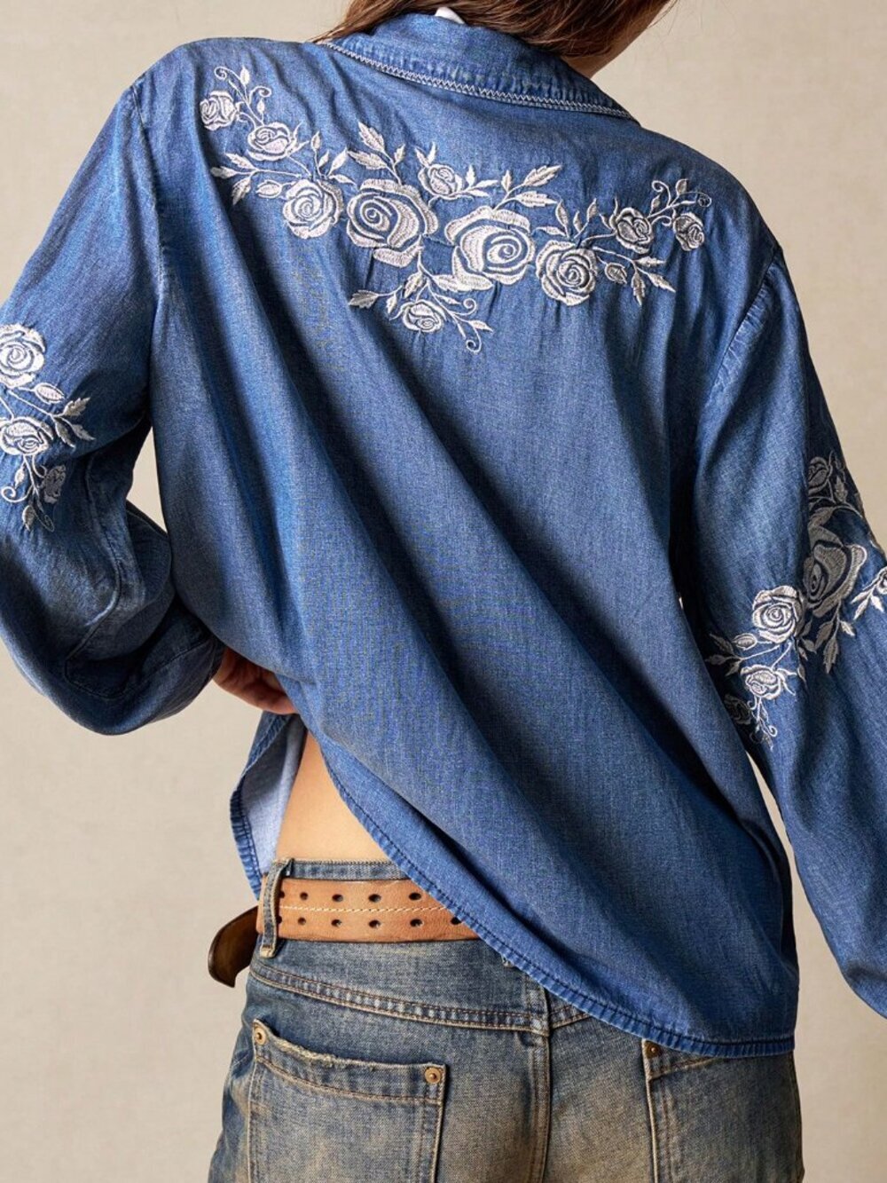 Blue Boho Women's Denim Embroidered Long Sleeve Shirt - Picture 3 of 6
